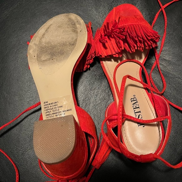 Red faux suede fringe ace up sandal with heel! - Picture 3 of 4